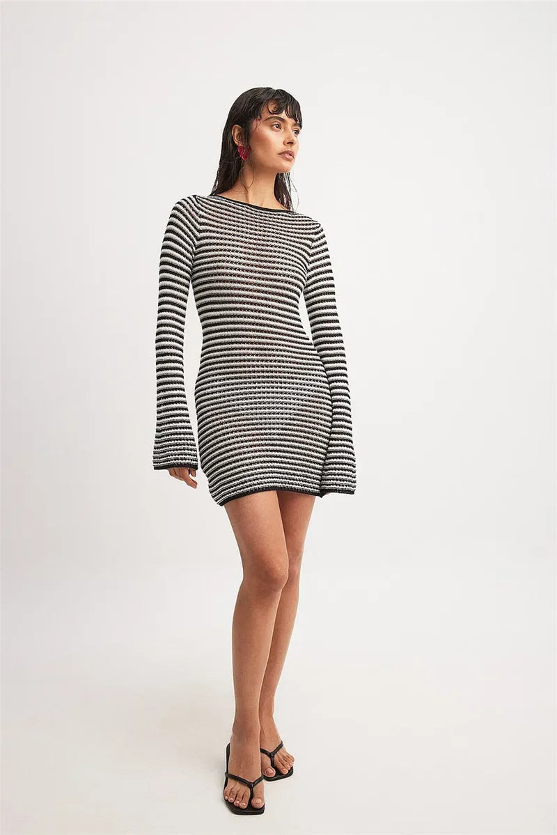 Striped Knit Mini Dress For Women Autumn Winter New O Neck Long Sleeve Contrast Color High Waist Beach Sexy Dress New