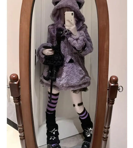 Japanese Women Clothes Furry Cat Ear Hooded Coat 2024 Ropa Mujer Thicked Warm Outwear Y2k Tops Casual Fashion Oversized Jackets
