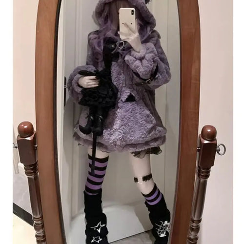 Load image into Gallery viewer, Japanese Women Clothes Furry Cat Ear Hooded Coat 2024 Ropa Mujer Thicked Warm Outwear Y2k Tops Casual Fashion Oversized Jackets
