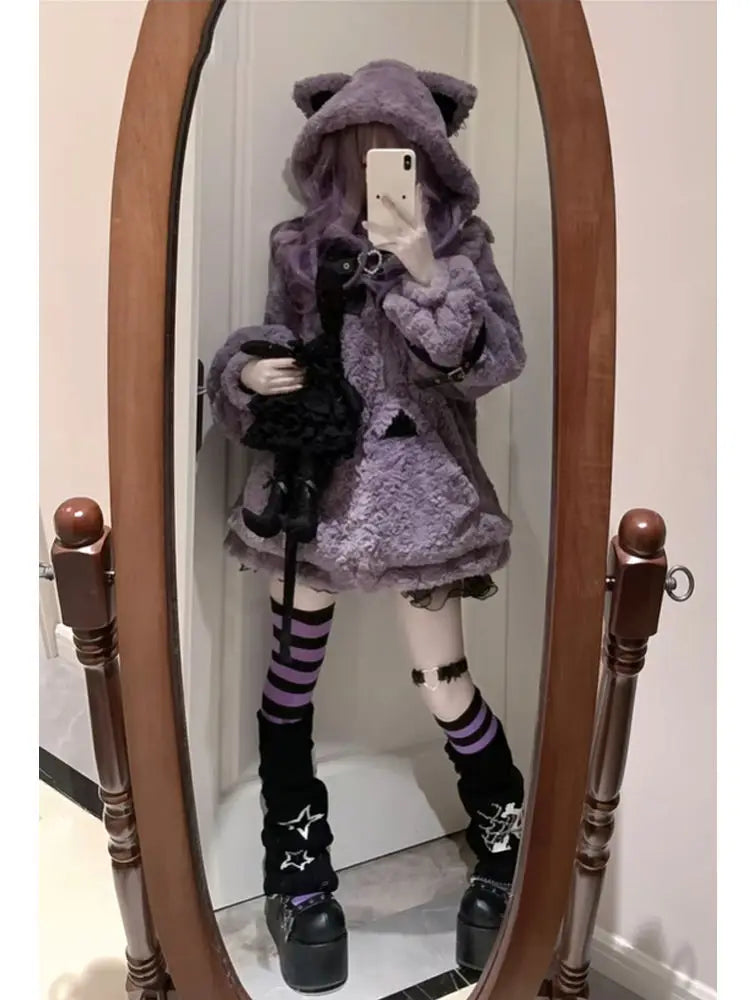 Japanese Women Clothes Furry Cat Ear Hooded Coat 2024 Ropa Mujer Thicked Warm Outwear Y2k Tops Casual Fashion Oversized Jackets