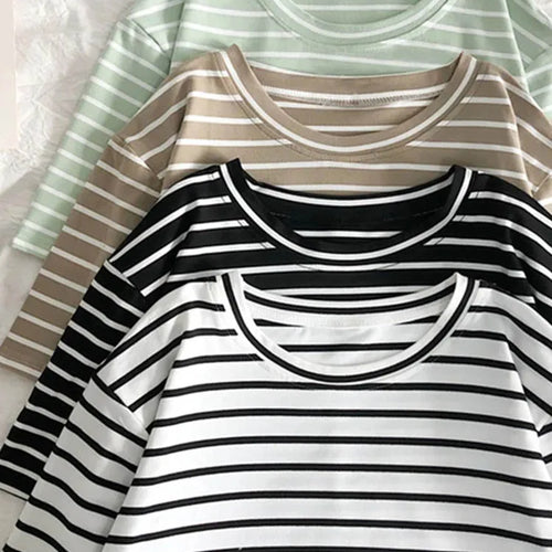 Load image into Gallery viewer, Harajuku Short Sleeve Korean O-Neck Casual Fashion Shirt Camiseta Feminina Tops T Shirt Women Solid Color Striped Punk T-shirt
