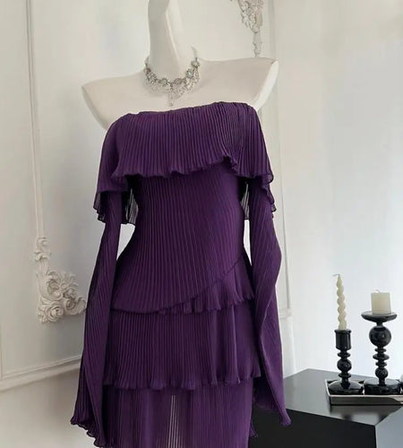 French Vintage Women Autumn Purple Long Sleeve Off Shoulder Mini Dress Fashion Backless Festival Party Slim Short Evening Dress