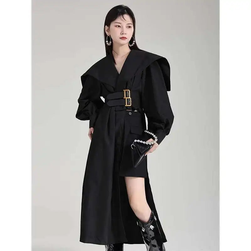 Women Black Irregular Shirt Dress New Lapel Lartern Long Sleeve Belt Waist Loose Fashion Tide Spring Autumn 2025 1DH2257
