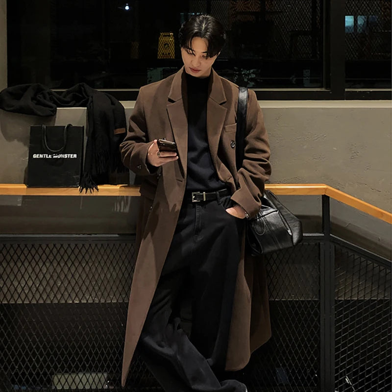 Winter Thickened Men's Woolen Overcoast Double Breasted Knee Length Lapel Solid Color Casual Male Trench Fashion 9C8874