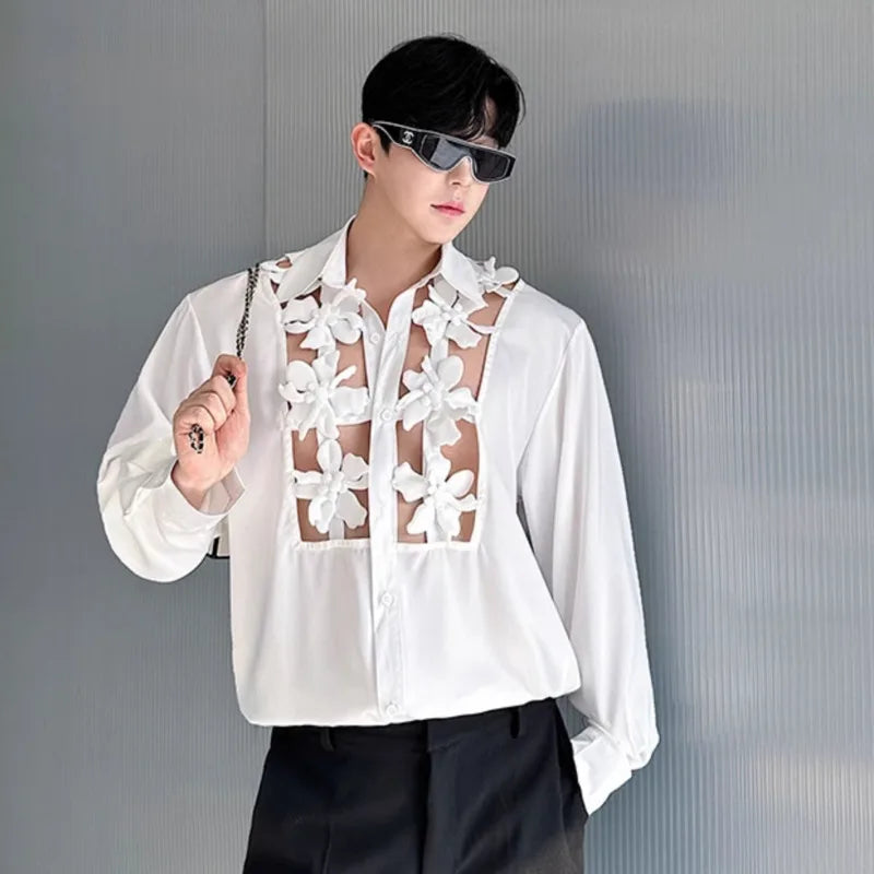 Men's Shirts Long Sleeve New Kroean Spliced Flower Hollow Out Fashion Top Turn-down Collar Single Breasted Menwear 9W1518