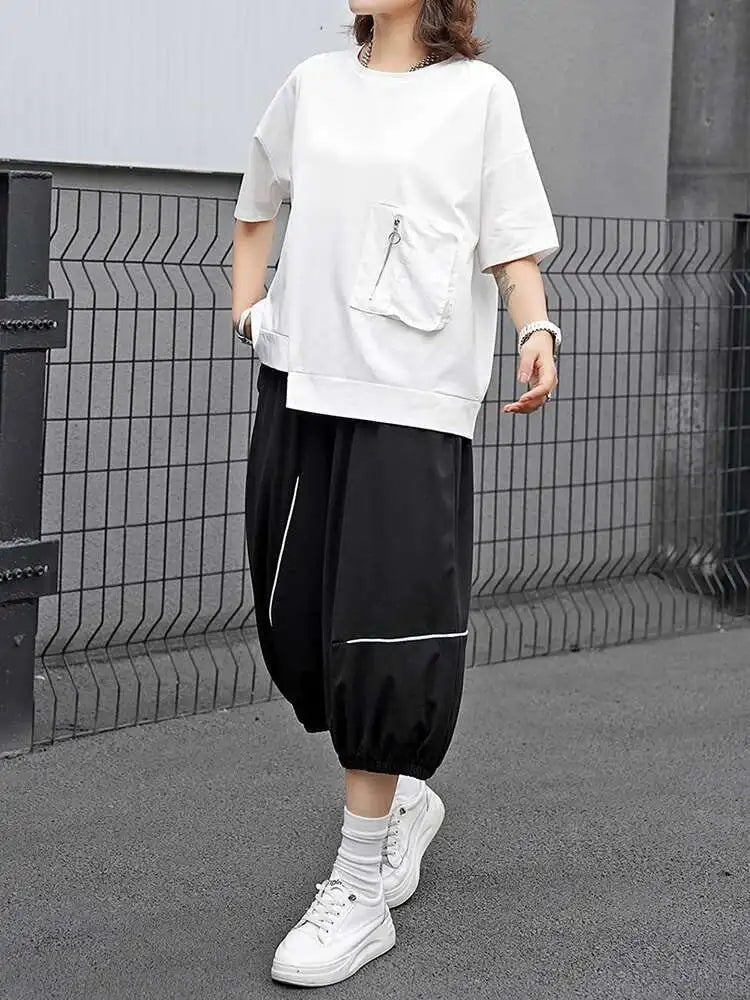 Women White Irregular Pocket Big Size Casual T-shirt New Round Neck Short Sleeve Fashion Tide Spring Summer 2025  1DJ0620