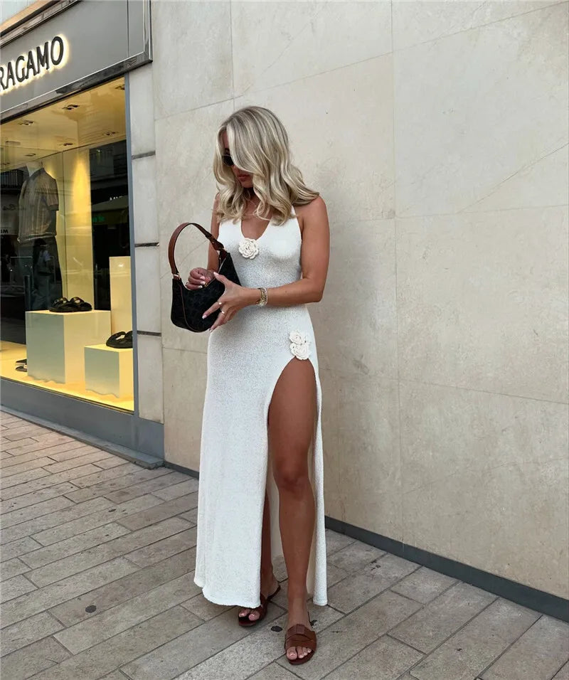 Deep V Neck High Split Maxi Dress For Women Gown Halter Flower Backless Sleeveless Bodycon Knit Long Dress Elegant