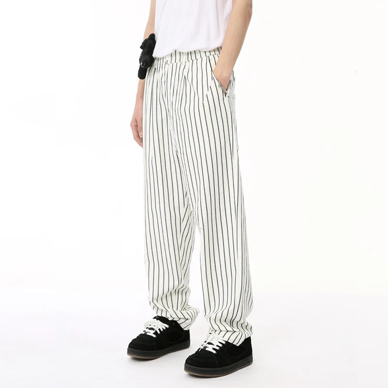 Summer Male Pants Vertical Stripe Contrast Color Casual Menwear Wide Leg Loose Straight Button Korean Style 9C6569