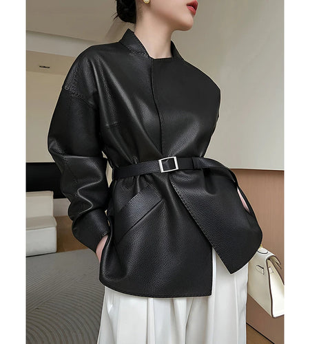 Women’s Winter Faux Leather Jacket Clothes 2025 Spring Belt Loose Casual PU Leather Black Coats Outerwears for Women