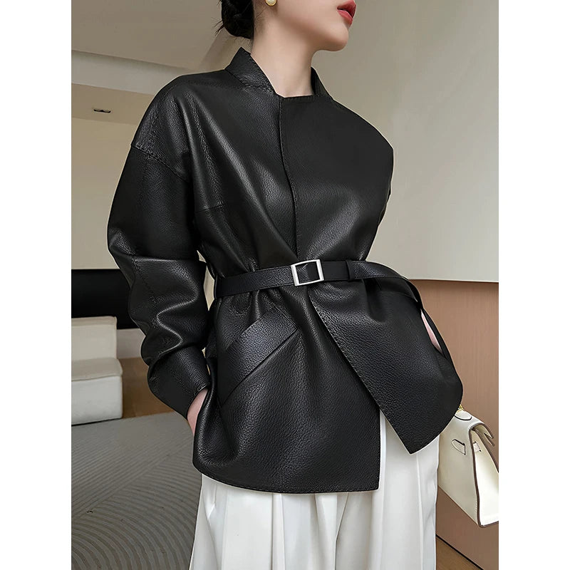 Women’s Winter Faux Leather Jacket Clothes 2025 Spring Belt Loose Casual PU Leather Black Coats Outerwears for Women