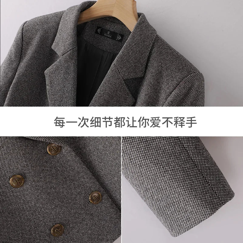 2024 Autumn Winter Suit New Women's Clothing Brown Gray Double Breasted Blazer Jacket And High Waist Long Skirt Two Pieces Sets