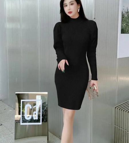 Korean Version Autumn 2024 New Women's Half High Neck Knitted Dress Elegant Festival Slim Long Sleeve Dress Simplicity Clothing