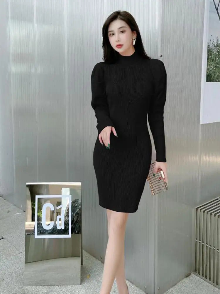 Korean Version Autumn 2024 New Women's Half High Neck Knitted Dress Elegant Festival Slim Long Sleeve Dress Simplicity Clothing