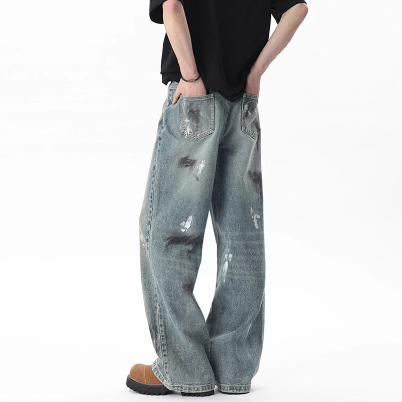 Men's Jeasn New American Style Soil Splashed Ink Spot Decoration Straight Leg Trendy Male Distressed Trousers 9W1804