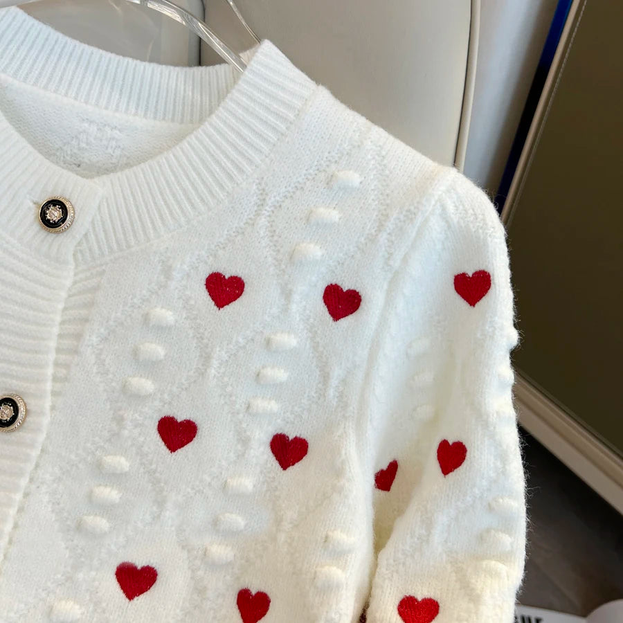 Embroidery Heart Knit Women Cardigan Sweater V Neck Single Breasted Knit Jumpers Top Autumn Winter Female Jacket Coat C-152