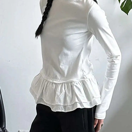 Load image into Gallery viewer, Women Black Ruffles Hem Color-block Slim Elegant T-shirt New Round Neck Long Sleeve Fashion Spring Autumn 2025 1DJ0095
