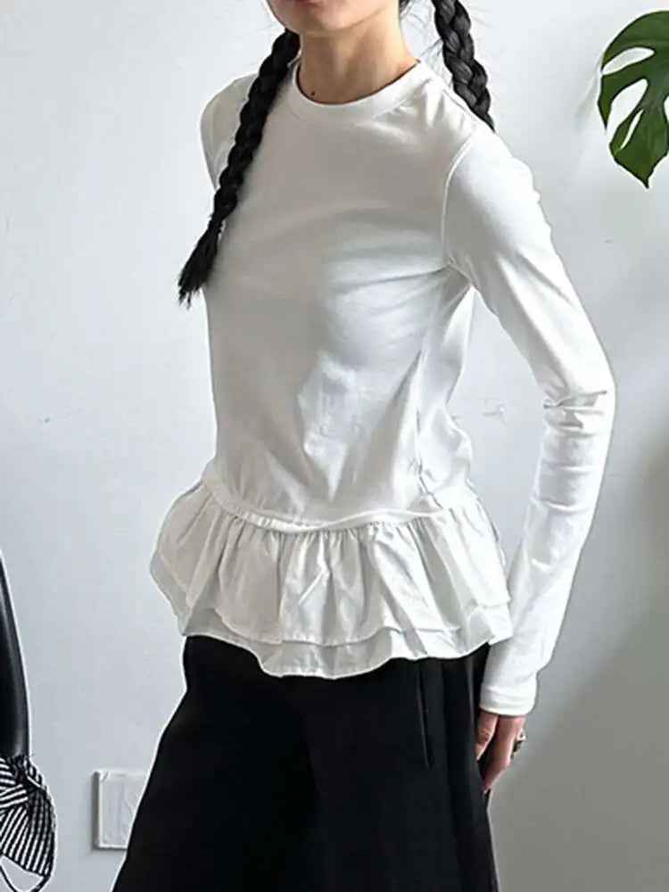 Women Black Ruffles Hem Color-block Slim Elegant T-shirt New Round Neck Long Sleeve Fashion Spring Autumn 2025 1DJ0095