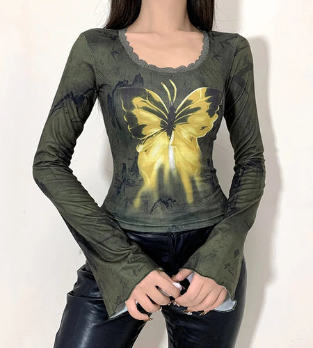 Grunge Butterfly Printed Fitness Flare Sleeve Crop Top Autumn Tee Pullover Frill Lace Trim Vintage Tshirt Y2K Outfits