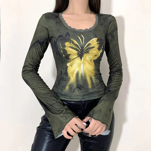 Load image into Gallery viewer, Grunge Butterfly Printed Fitness Flare Sleeve Crop Top Autumn Tee Pullover Frill Lace Trim Vintage Tshirt Y2K Outfits
