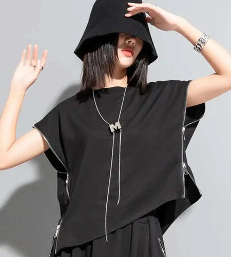 Women Black Zipper Irregular Big Size Casual T-shirt New Round Neck Sleeveless Fashion Tide Spring Summer 2025 1DF7632