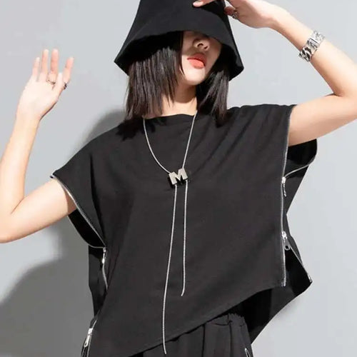 Load image into Gallery viewer, Women Black Zipper Irregular Big Size Casual T-shirt New Round Neck Sleeveless Fashion Tide Spring Summer 2025 1DF7632
