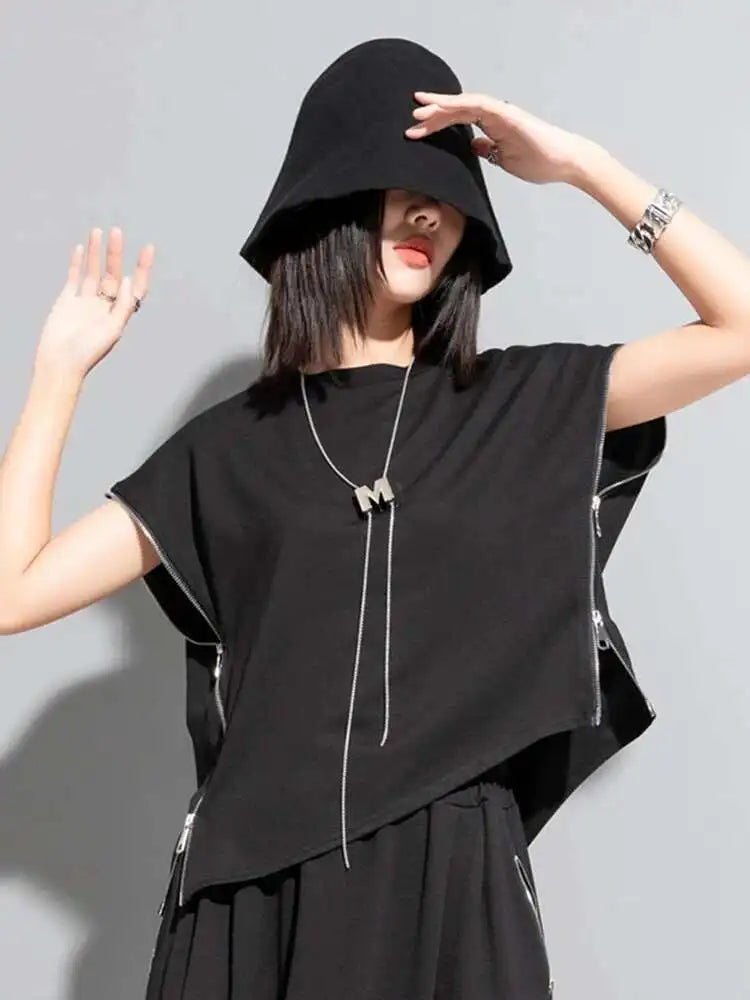 Women Black Zipper Irregular Big Size Casual T-shirt New Round Neck Sleeveless Fashion Tide Spring Summer 2025 1DF7632