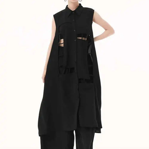 Load image into Gallery viewer, Women Army Green Hollow Out Big Size Midi Casual Dress New Lapel Sleeveless Fashion Tide Spring Summer 2025 1DH9512
