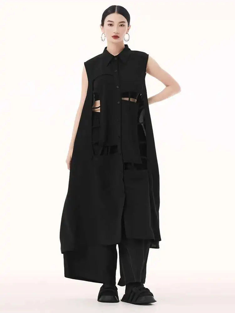 Women Army Green Hollow Out Big Size Midi Casual Dress New Lapel Sleeveless Fashion Tide Spring Summer 2025 1DH9512