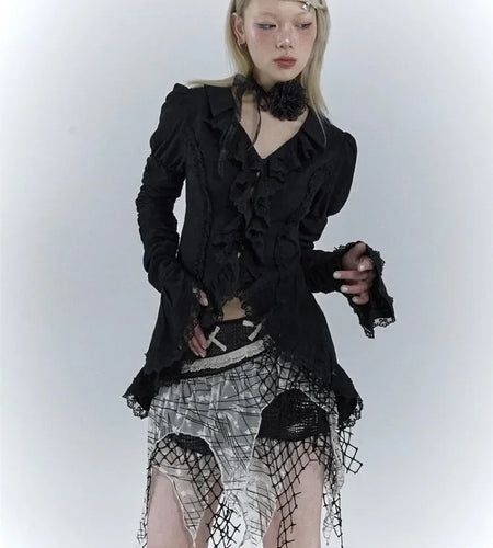 2025 Pleated Sexy Blouse Women Sexy Slim Harajuku Ruffled Tops Y2k Aesthetic Lace Patchwork Grunge Blusas Streetwear De Mujer