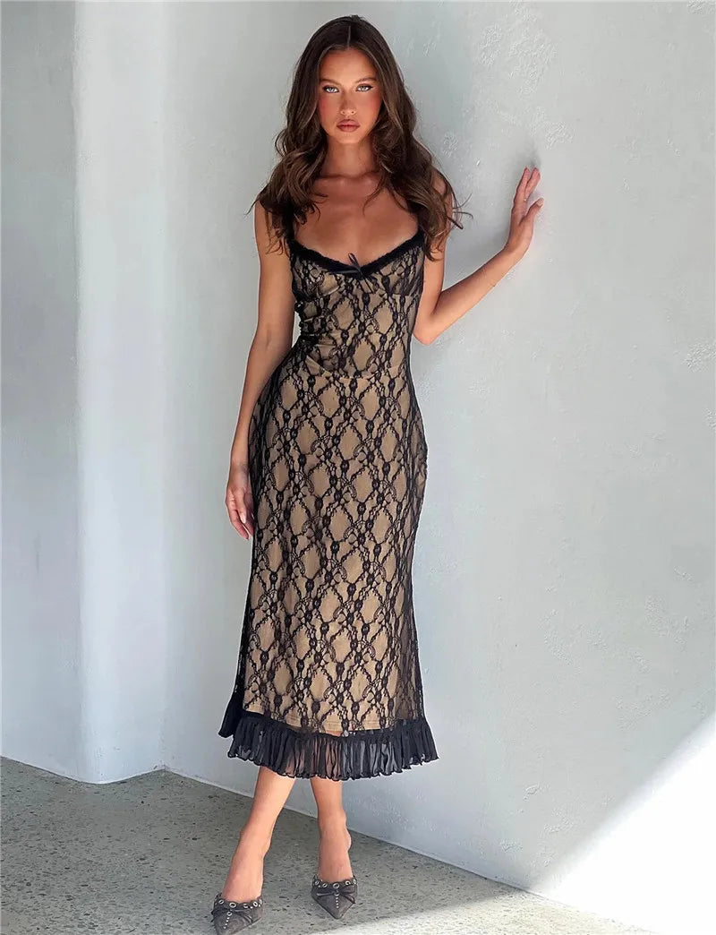 Elegant Lace Print Sexy Maxi Dress For Women Spaghetti Strap Sleeveless Backless Bodycon Club Party Sexy Long Dress