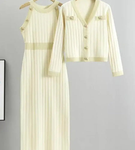 Korean Women's Two Pieces Suit 2024 Autumn Winter Patchwork Single Breasted Knit Tops And High Waist Sleeveless Vest Dresses Set