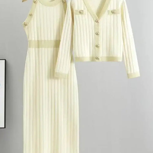 Load image into Gallery viewer, Korean Women's Two Pieces Suit 2024 Autumn Winter Patchwork Single Breasted Knit Tops And High Waist Sleeveless Vest Dresses Set
