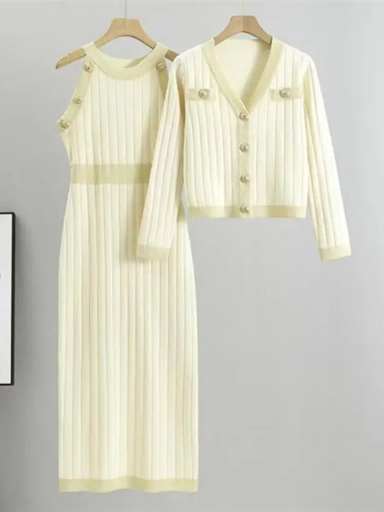Korean Women's Two Pieces Suit 2024 Autumn Winter Patchwork Single Breasted Knit Tops And High Waist Sleeveless Vest Dresses Set