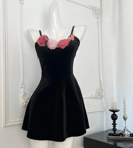 Vintage Black Velvet Flower Elegant Backless Short Dress For Women 2024 Spring Summer Sexy Club Holiday Slip Mini Dress Popular