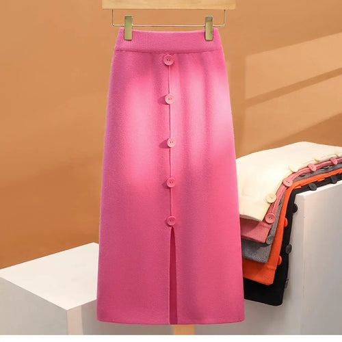 Load image into Gallery viewer, Solid Knit Wrap Hip Skirts Women 2023 Autumn Winter New Fashion Midi Skirt Vintage Casual Elastic High Waist Button Split Skirt
