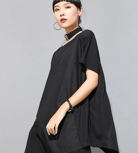 Women Black Irregular Hem Spliced Big Size T-shirt New Round Neck Short Sleeve Fashion Tide Spring Summer 2025 1DJ1765
