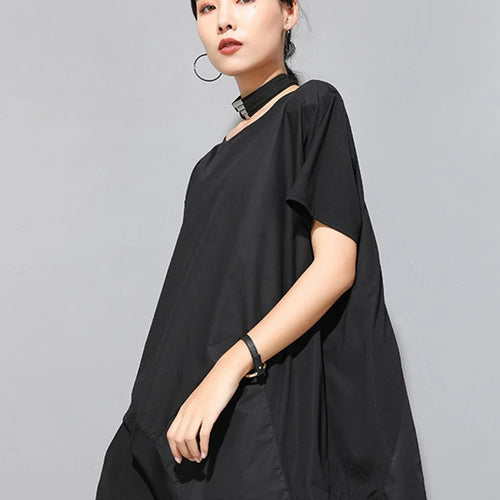 Load image into Gallery viewer, Women Black Irregular Hem Spliced Big Size T-shirt New Round Neck Short Sleeve Fashion Tide Spring Summer 2025 1DJ1765
