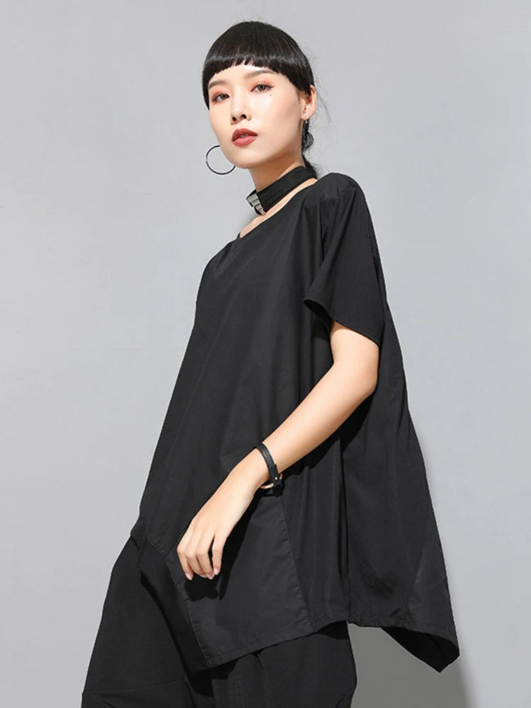 Women Black Irregular Hem Spliced Big Size T-shirt New Round Neck Short Sleeve Fashion Tide Spring Summer 2025 1DJ1765