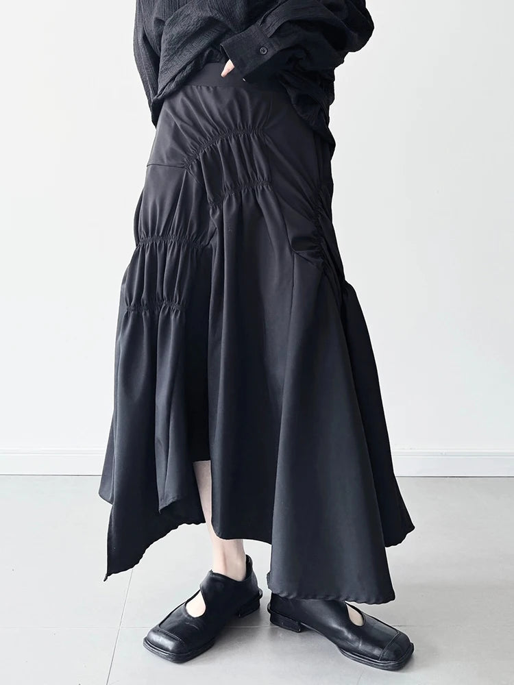 High Elastic Waist Black Irregular Pleated Midi Elegant Half-body Skirt Women Fashion Tide New Spring Autumn 2025 1DJ0400