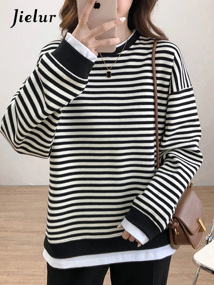 Loose Fake Two Piece Set Hoodies Ins Casual Chic Streetwear Pullovers Fashion Korean Striped Spell Color Women's Hoodies