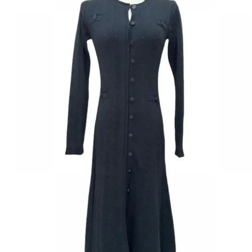 Load image into Gallery viewer, French Fashion Women Black Long Sleeve Round Neck Knitted Dress 2024 Autumn Winter New Beige Single Breasted Holiday Dress Trend
