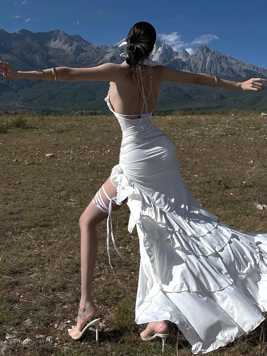 Sexy Halter Neck Backless Ruffle Edge Irregular Long Dress For Women Summer Party Evening Dress Bodycon Elegant Vestido