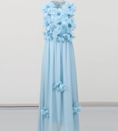 Solid Spliced 3D Flower Elegant Long Dresses for Women Round Neck Sleeveless High Waist Dress Female Clothing New