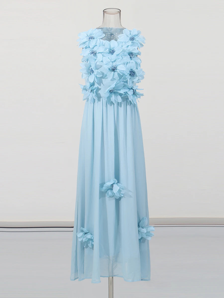 Solid Spliced 3D Flower Elegant Long Dresses for Women Round Neck Sleeveless High Waist Dress Female Clothing New