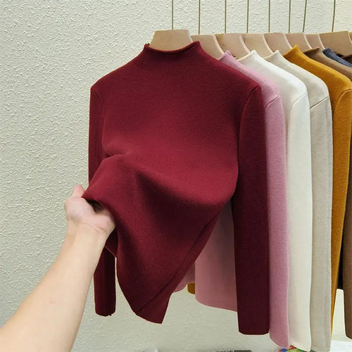 Load image into Gallery viewer, Autumn Winter Women Solid Half High Neck Velvet Sweater Korean Fashion Warm Knitwear Long Sleeve Pullovers Tops Thick Simplicity
