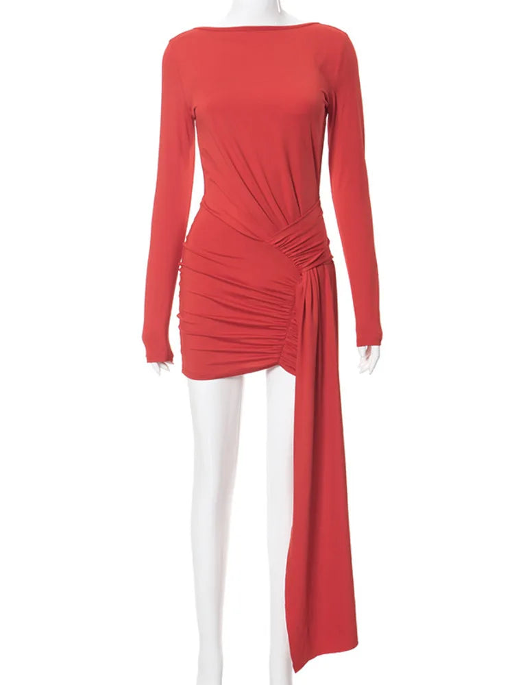 Elegant Long Sleeved Lace Up Backless Dress For Women 2024 New Straight Neck Bodycon Ribbon Slim Fitting Evening Dress