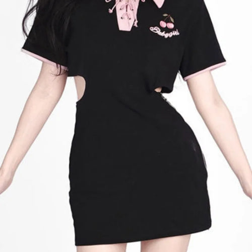 Load image into Gallery viewer, Y2k Letter Embroidery Bodycon Dress Women Hollow Out Bandgae Kawaii Black Short Sleeve Mini Dresses Korean Fashion
