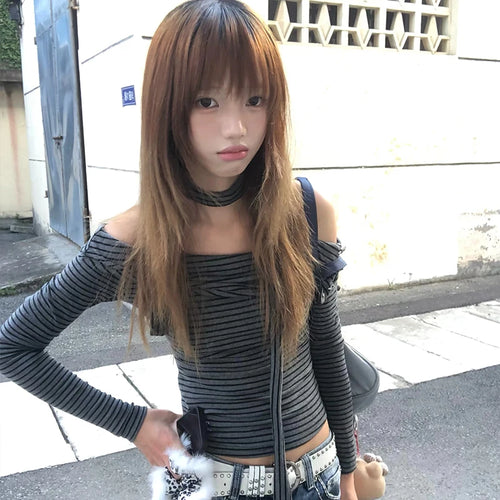 Load image into Gallery viewer, Japanese Y2k Off Shoulder Knitted Tops 2000s Style Long Sleeve Striped T-shirt With Scarf Vintage Harajuku Knitwear 90s
