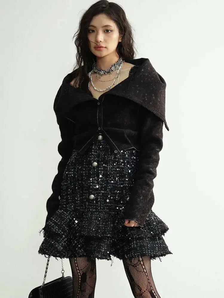 Women Black Sequins Tassels Ruffles Mini Elegant Dress New Round Neck Sleeveless Fashion Tide Spring Autumn 2025 1DH8269