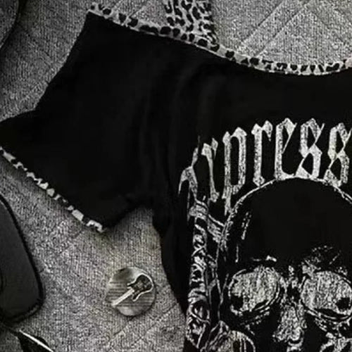 Load image into Gallery viewer, Y2k Aesthetics Irregular Leopard Patchwork Vintage T-shirt Streetwear Skull Printing Tshirt Harajuku Slim Fit Fairy Grunge Tops
